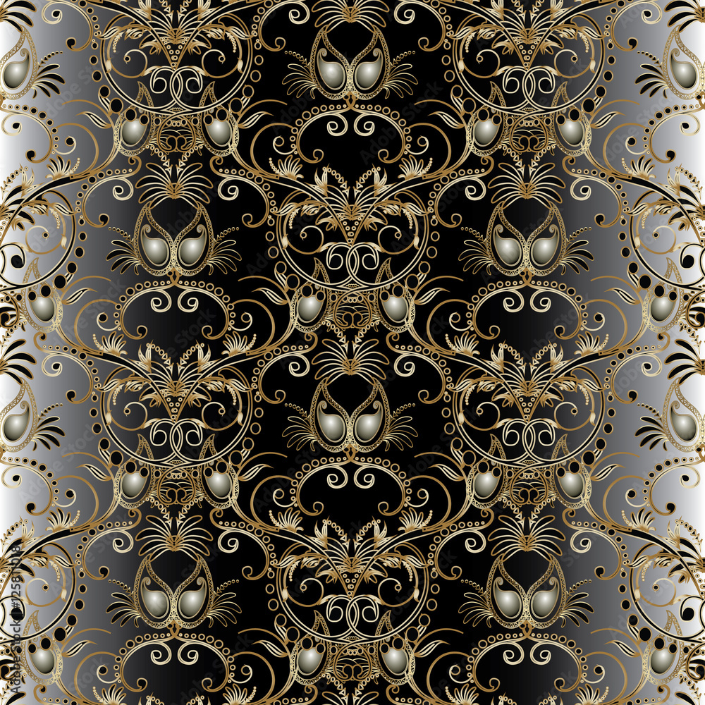Damask pattern.Floral vector seamless pattern with damask and 3d paisley flowers.Gold damask paisleys on the black  background.Damask wallpaper.Paisley flowers