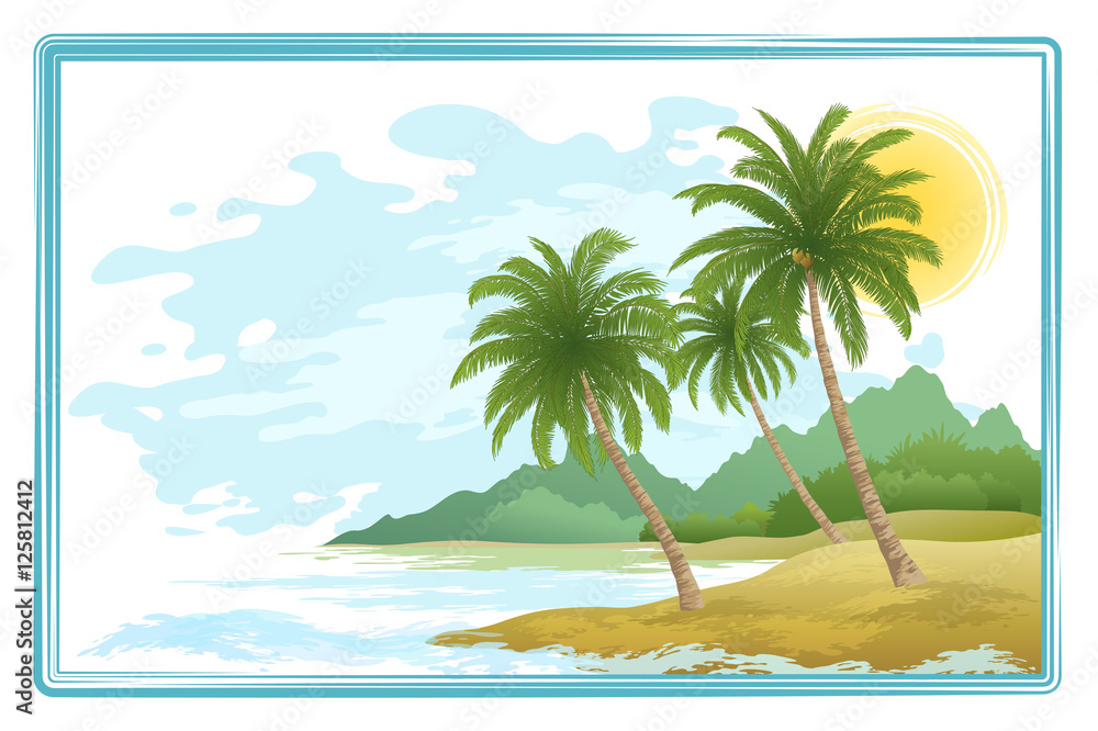 Tropical Sea Landscape, Beach, Green Exotic Palm Trees, Island with Mountains and Sky with Clouds. Eps10, Contains Transparencies. Vector