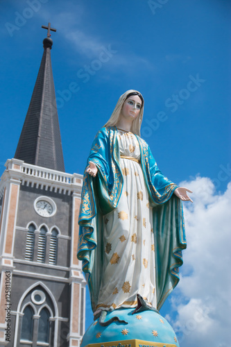 Virgin mary statue in front of Cathedral of the Immaculate Conception, Chanthaburi, Thailand