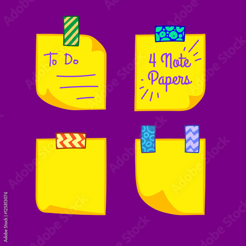 Four yellow note papers with washi tape in cartoon style, memo with curled corners, colorful decorative paper tape, isolated note paper on purple background, EPS 8