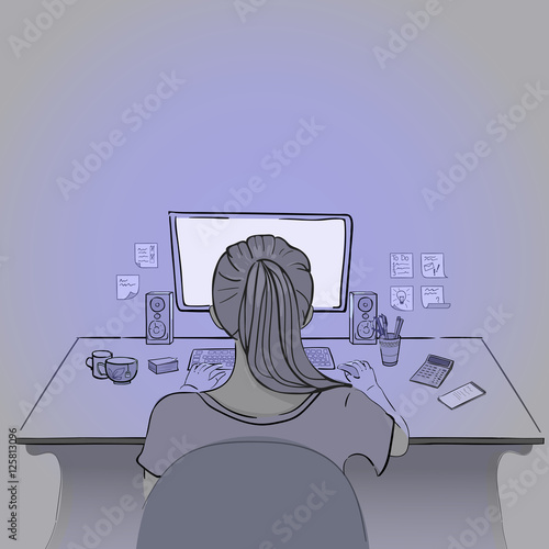 Woman sits and works on computer in sketch style, hand-drawn work place with computer, keybord, sticky notes, cup, notebook and calculator, vector concept freelance, back view, EPS 10