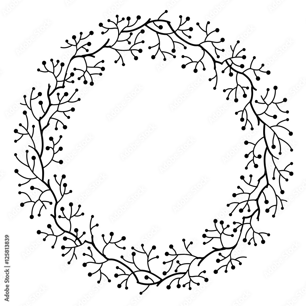 Hand drawn wreath with berries and branches. Round frame for Christmas cards and design. Vector illustration.