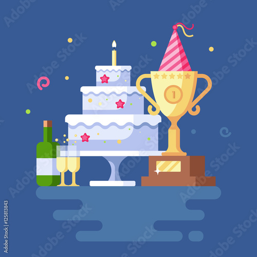 Vector illustration of victory celebration. Clipart of torte with a candle, striped cap with ribbons, a bottle of champagne with two glasses, Gold Cup winner trophy. Congratulations