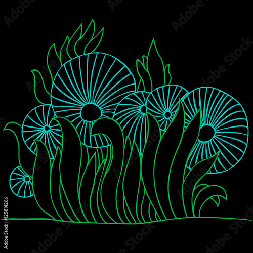 Hand-drawn image of fiction plants. Bright outline on black background. Vector illustration