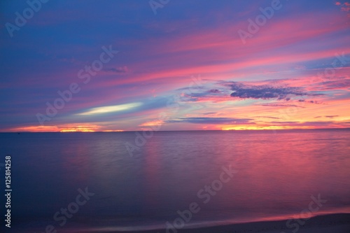 Sunrise and beach. Morning at sea beautiful, Sky colorful and water sea at reflex.