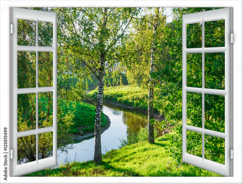 Fototapeta Okno z widokiem na rzekę, zielone drzewa i łąkę 
