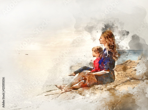 Mother and daughter outdoors. Digital watercolor painting