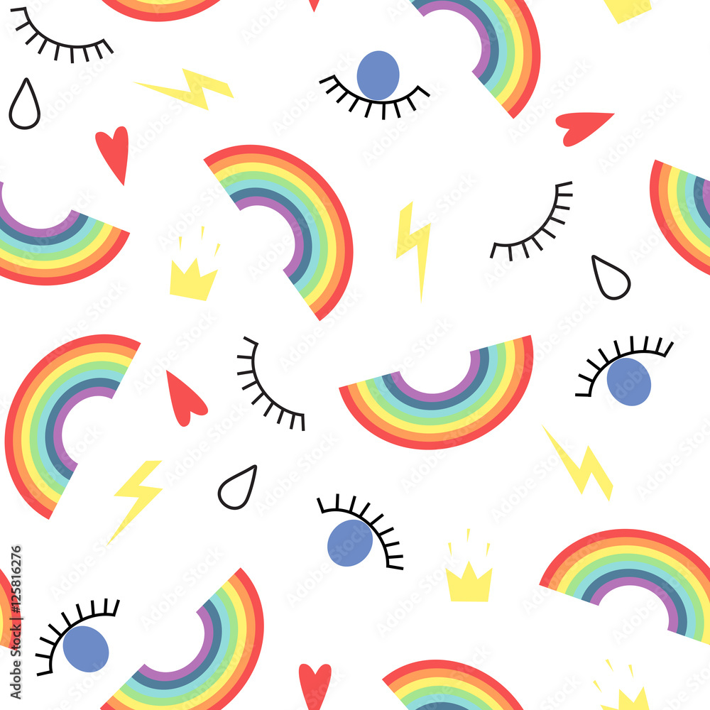 Fototapeta premium Abstract seamless pattern with eyes, drops, rainbows, crowns. Fashion background for wallpapers, pattern fills, web backgrounds, surface textures, textile