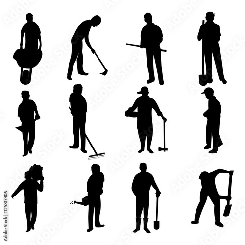 Farmer Gardener Man Farming Working Silhouette Set