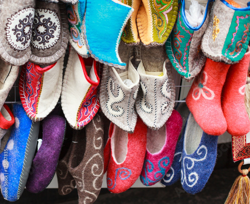 Traditional wool ethnic slippers on market in Almaty, Kazakhstan 