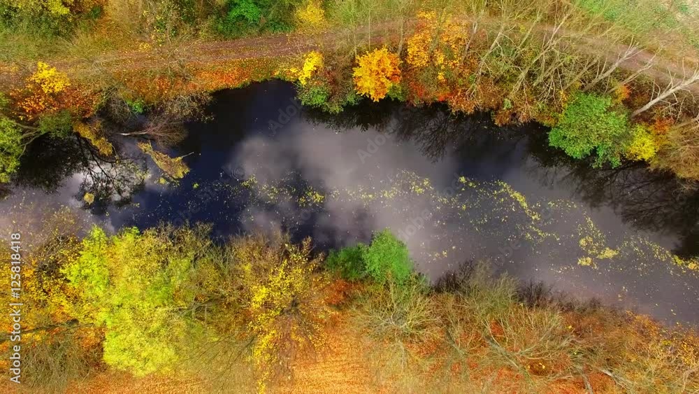 Camera flight over Radbuza river. Colorful autumn on Czech countryside. European nature from above. Camera flight over Radbuza river. Colorful autumn on Czech countryside. European nature from above.