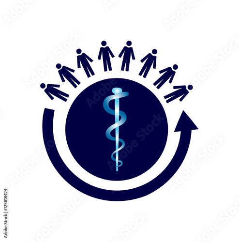 Vector image of a circle of people with the medical symbol rod of asclepius