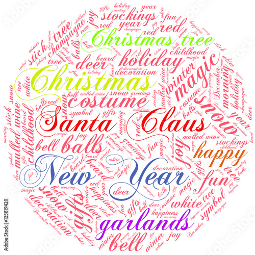 New Year word cloud in shape of circle on white background. Holidays concept.