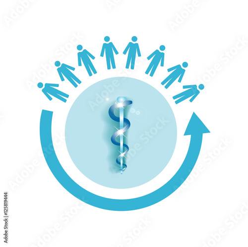 Vector image of a circle of people with the medical symbol rod of asclepius