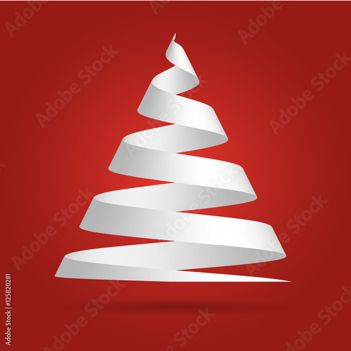 Simple red paper ribbon folded in a shape of Christmas tree. Merry Christmas theme. 3D vector illustration with dropped shadow and red gradient background.