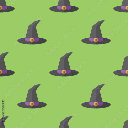 Seamless pattern with witch hat on green background. Vector texture.
