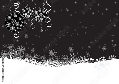 Black winter background with snowflakes and ribbon.