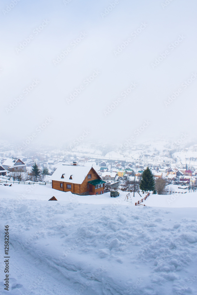 winter village landscape in Carpathian mountains