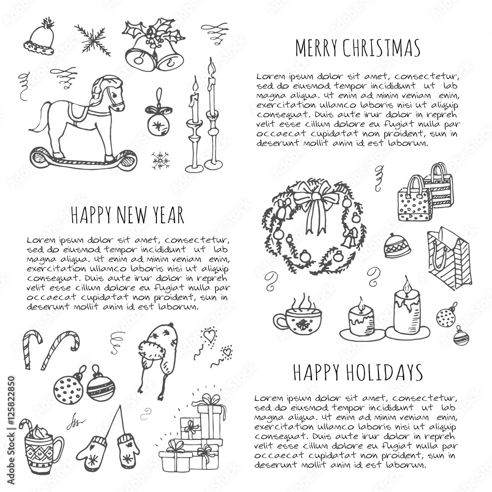 Hand drawn sketchy Merry Christmas symbols set. Doodle vector illustration elements: Candles, gift boxes, wreath, christmas tree, candy, canes, bells, Happy Holidays! Xmas! Happy New year! Holly Jolly