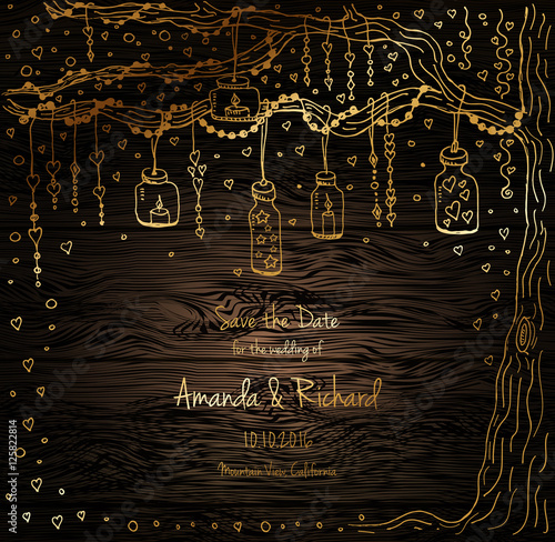 Unique vector wedding cards template with hand drawn tree decorated with lantern, hearts, candle, garland, Christmas eve invitation. Save the date. Bridal design gold and wood texture, natural style.
