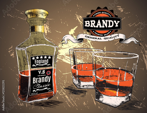 Brandy in two glasses and bottle