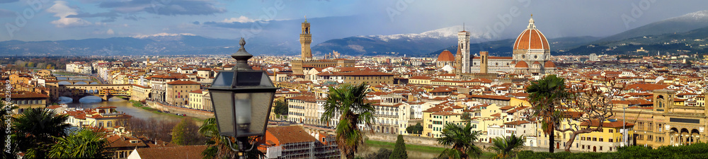 Panorama of Florence from Piazzale Michelangelo. Old Bridge, Cathedral of Santa Maria del Fiore, Old Palace in the background.