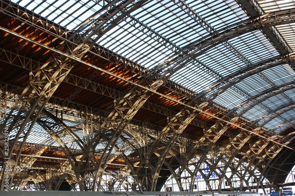 View to the roof construction of main station in Leipzig, Saxony Germany