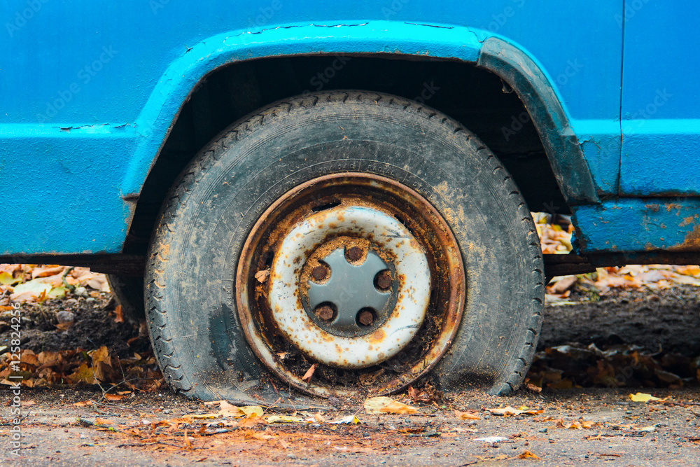 Close-up view flat rear tire on a car Close-up view flat rear tire on a car