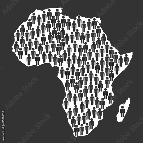 Silhouette of Africa with symbol of man. Human overpopulation on african continent - crowded area, uncontrolled birth rate, humanitarian catastrophe, unsustainable demography