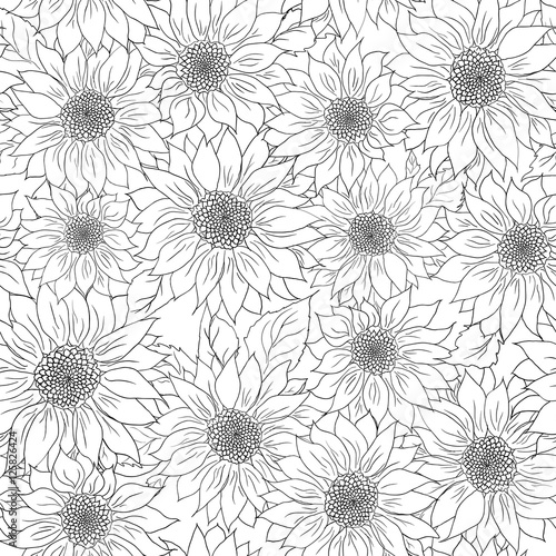 Hand drawn pattern sunflowers background. Flower black white. Packaging products