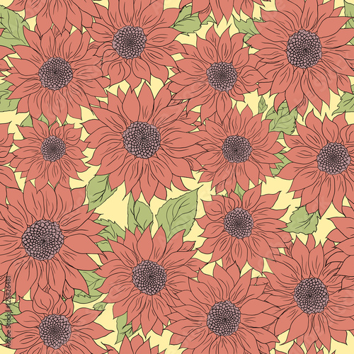 Hand drawn pattern sunflowers background. Flower pink  green. Packaging products