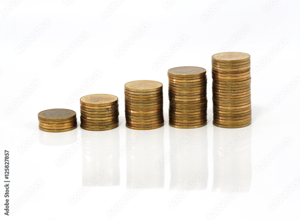 Golden coins stack growing up on white background. Growth business and financial concept.
