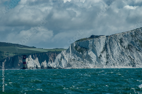 The Needles and lighthouse at the Southwest entrance to The Solent at the Isle of Wight.