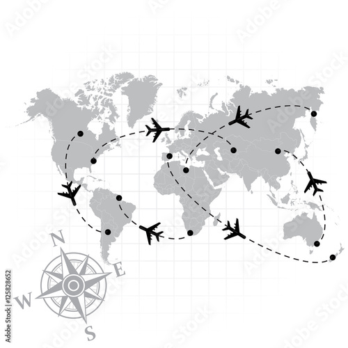 World map with airplanes