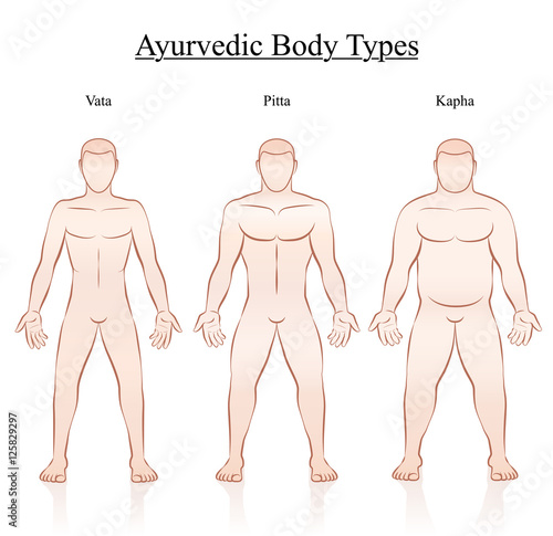 Ayurvedic body constitution types - vata, pitta, kapha. Outline illustration of three men with different anatomy.