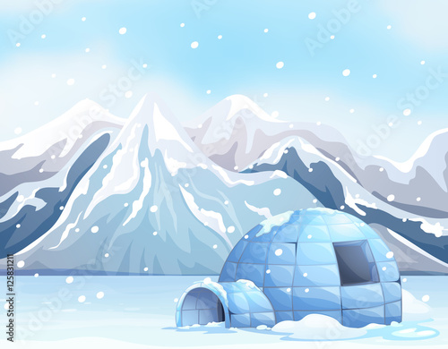 Scene with igloo on snow ground