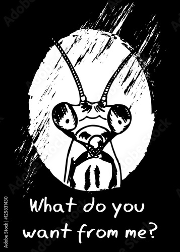 Tired unhappy mantis. T-shirt design.