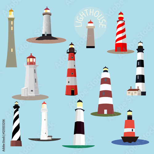 Set of cartoon lighthouses. Searchlight towers for maritime navigation guidance. Ocean beacon light vector tower lighthouse. Vector illustration.