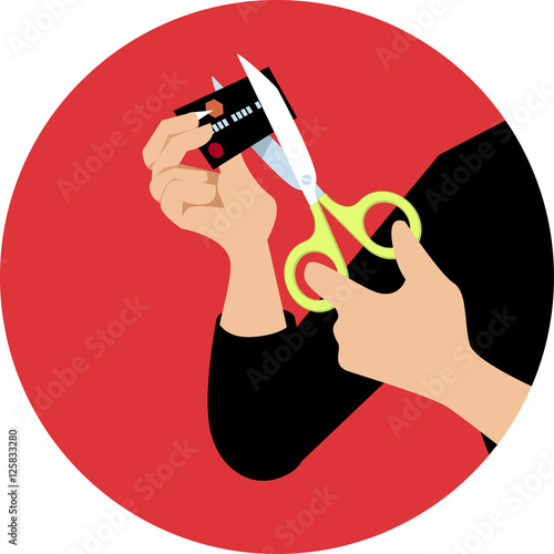 Hands of a person cutting a credit card in half with a scissors on a circle background, vector illustration