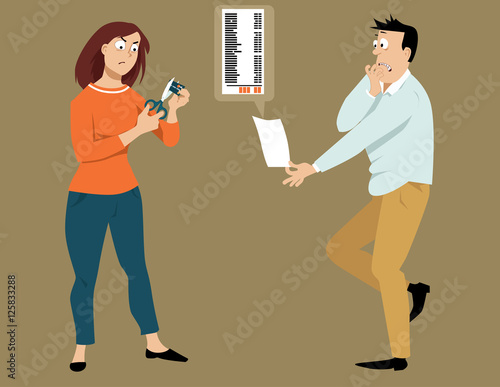Shocked man looking at a big credit card bill while his upset wife cutting a credit card with a scissors, EPS 8 vector illustration