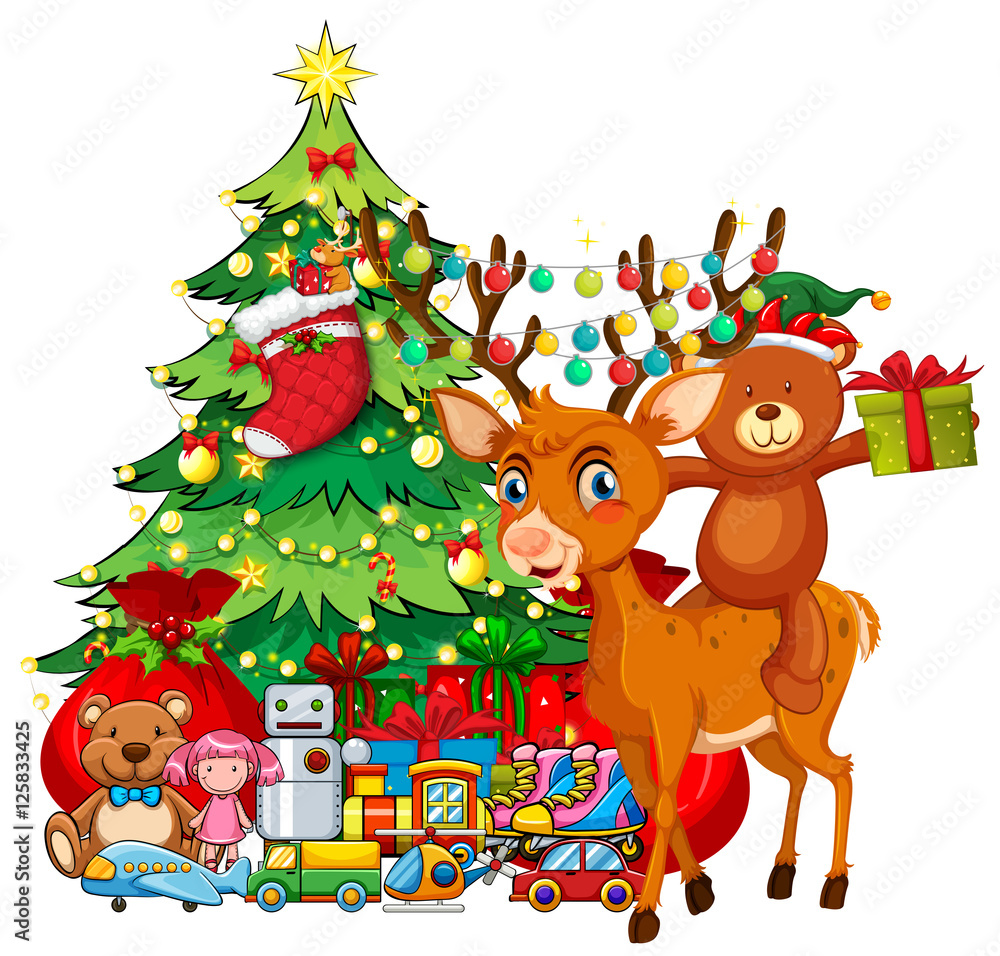 Christmas theme with reindeer and christmas tree Christmas theme with reindeer and christmas tree