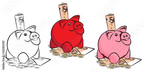 Piggy bank with money. Money box with coins. Isolated on the whi