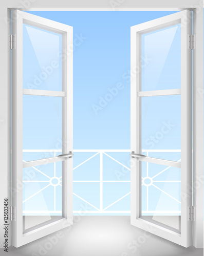 White Classic wooden open doors with transparent glass. Vector graphics