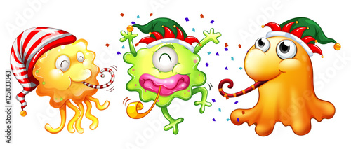 Christmas theme with three monsters having party