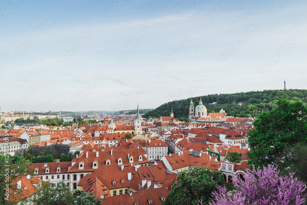 Prague cityscape in spring. Top view of old city center.