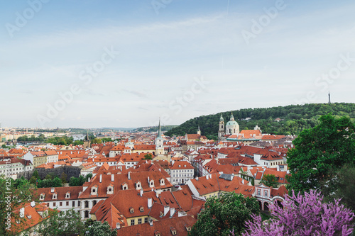 Prague cityscape in spring. Top view of old city center.