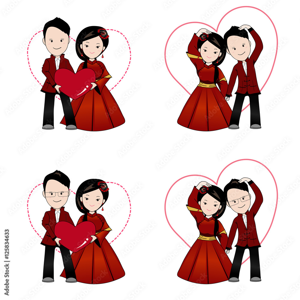 Chinese wedding cartoon, bride and groom holding each other's hands Stock  Vector | Adobe Stock