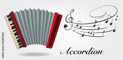 Accordion and music notes on white background
