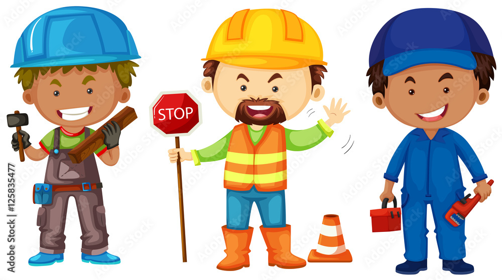 Three men doing different jobs Three men doing different jobs