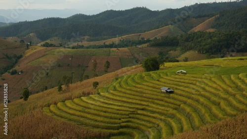 Movement of light over the Rice fields on terraced at Mae Cham, Chiang Mai, Thailand. Beautiful scene of famous terrace rice field in Thailand. Harvesting season.